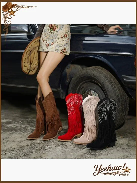 Knee High Western Boots with Rhinestone Fringe Chunky Heel Pointed Toe - Picture 7 of 7